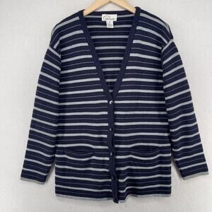 PAPPAGALLO Sweater Womens S Wool Blend Striped Cardigan Grandma Blue HK VTG